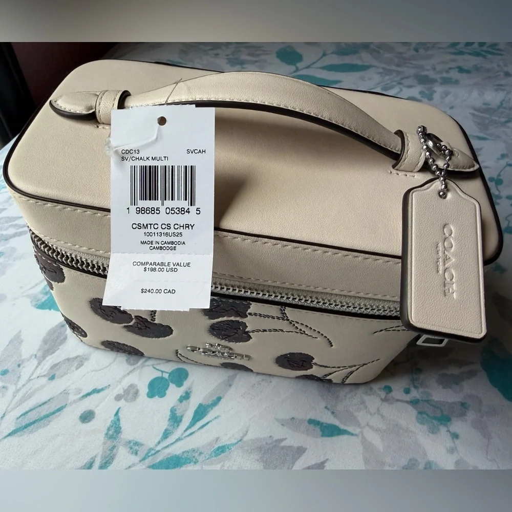 Coach Cream Floral Sequin Top Handle Cosmetic Case